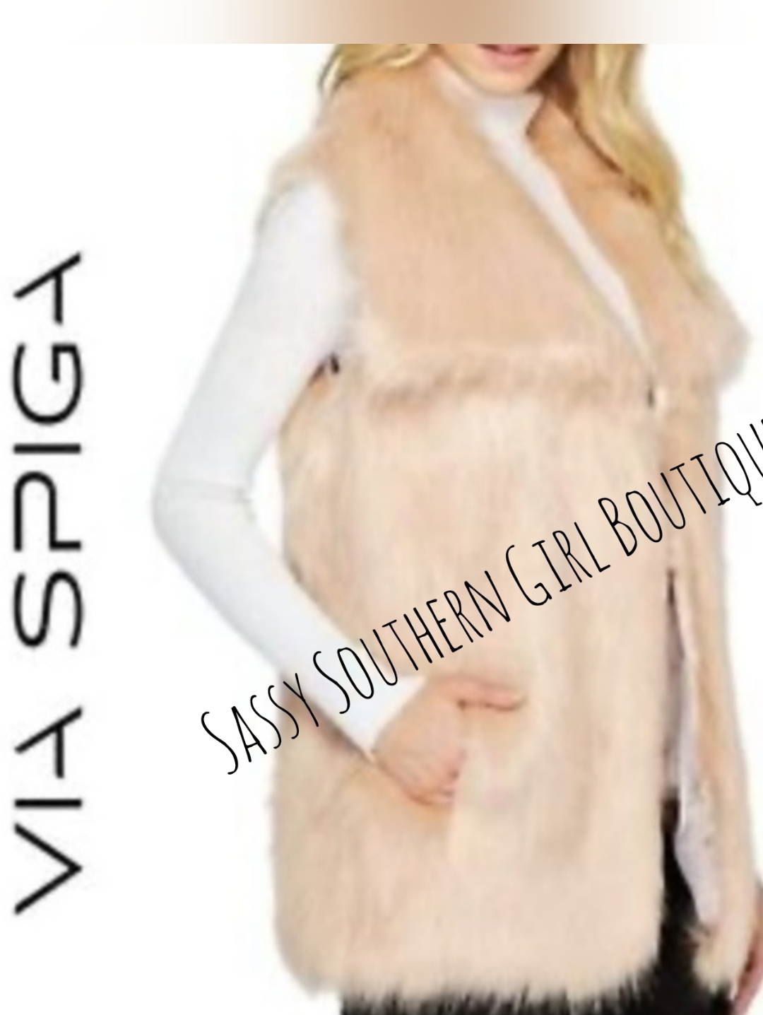Nwt Via Spiga Womens Vest Faux Fur Blush Wide Collar 2 Pockets